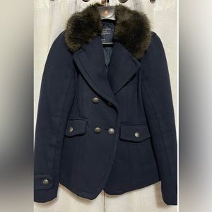 Navy Peacoat with faux fur collar